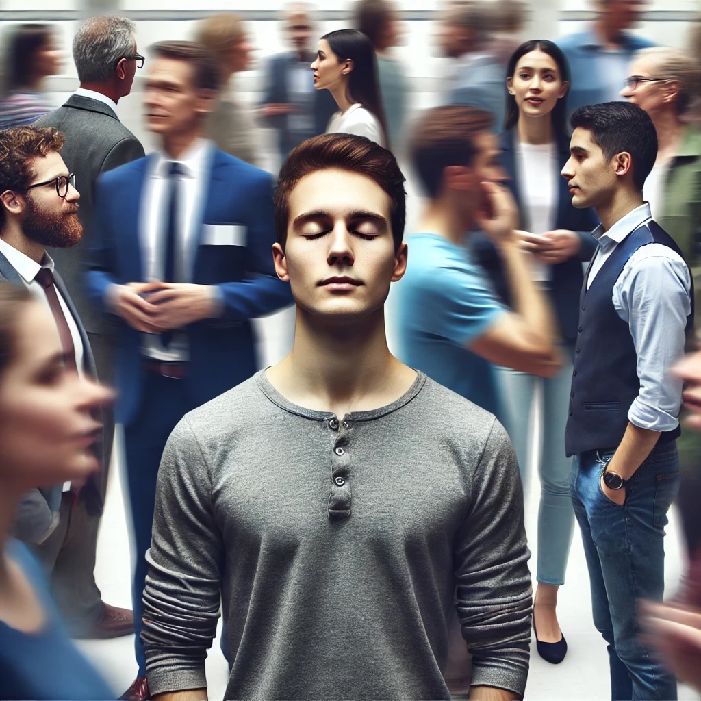 An image representing a person centering themselves while in a busy social situation. The individual is calming their mind amidst a bustling crowd, symbolizing the effort to manage social anxiety by focusing inward.