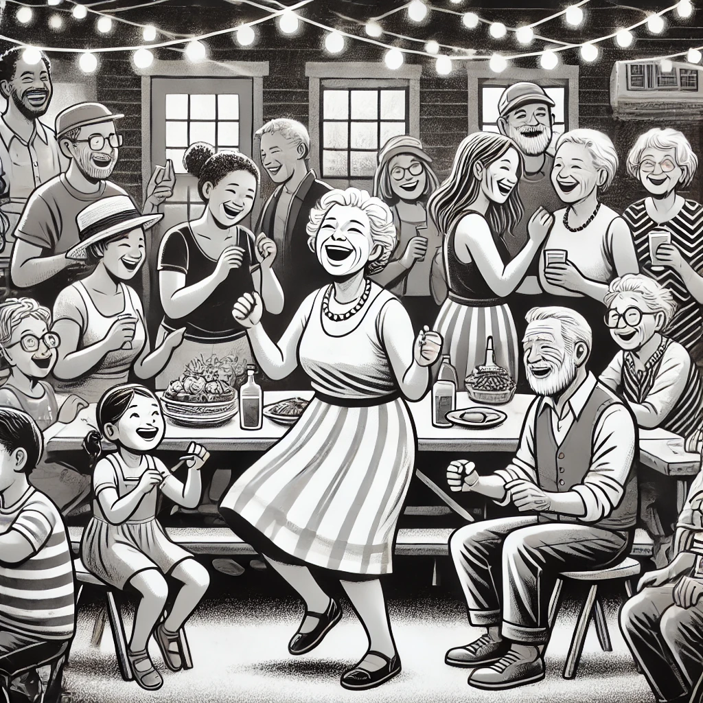 Here is a black and white illustration of an elderly woman entertaining friends of all ages at a lively neighborhood block party. The scene captures the warmth and joy of community bonding.