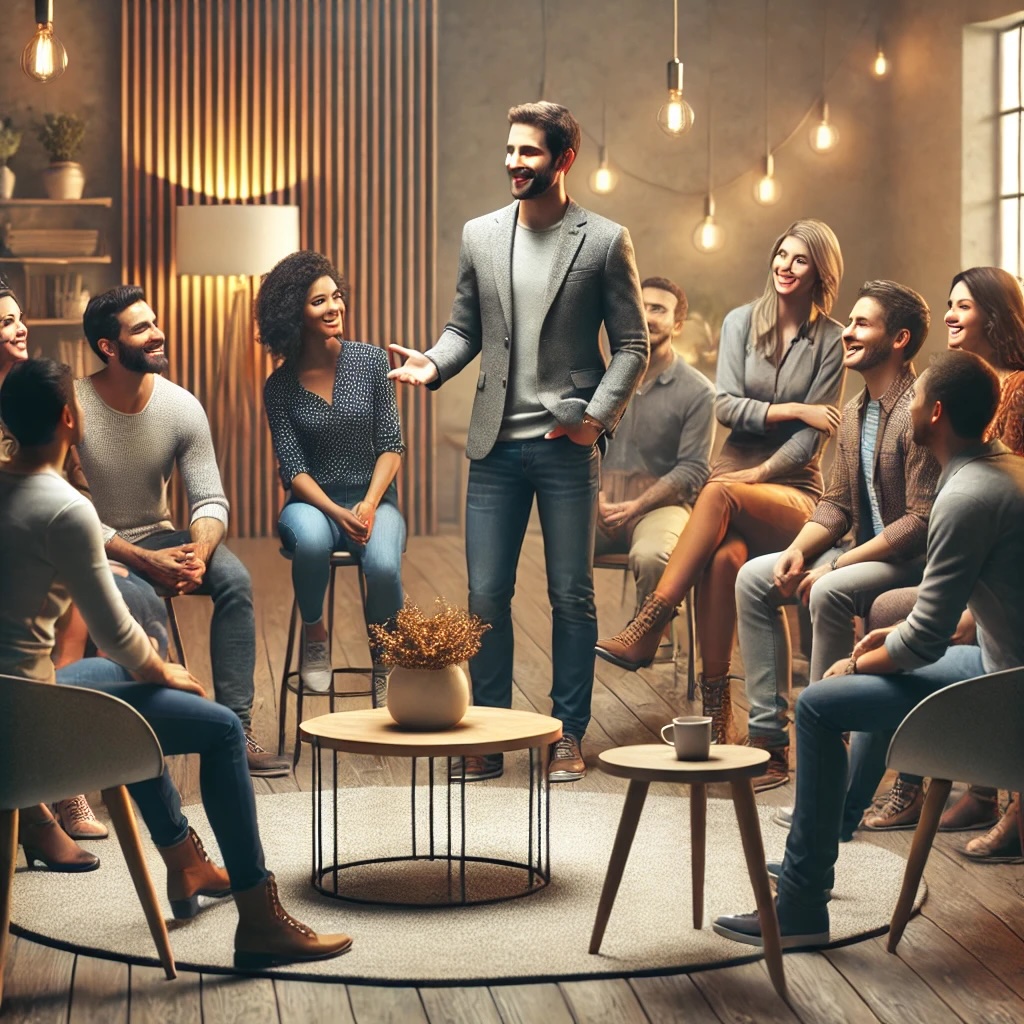 A photorealistic image of a social gathering where a small crowd is happily paying attention to a confident and inclusive individual. It captures the warmth and connection in the scene, with everyone enjoying the moment.