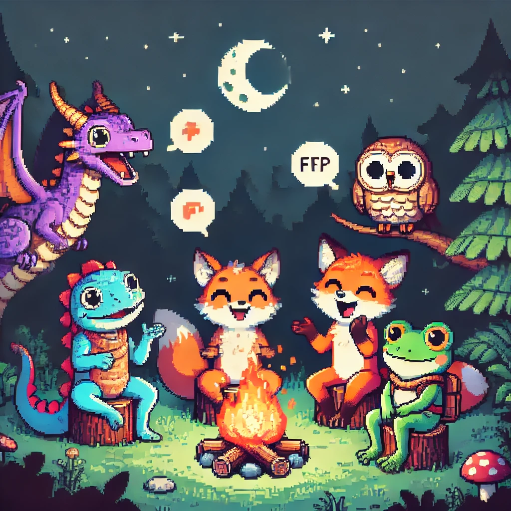 a group of diverse, fantastical creatures enjoying small talk around a cozy campfire. The lively and whimsical atmosphere captures the charm of their animated interaction