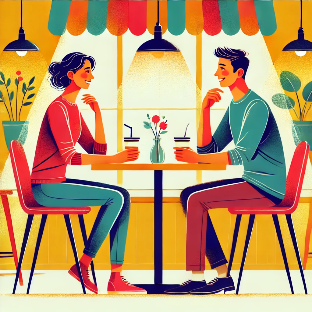 two individuals mirroring each other's body language in a lively and cheerful coffee shop atmosphere