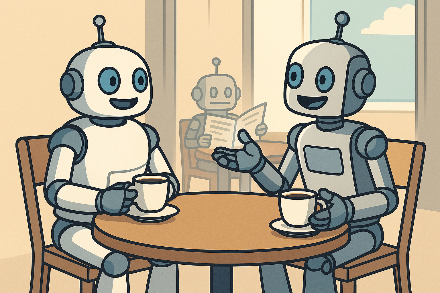 Two friendly robots sitting at a café table, one sipping coffee and the other gesturing mid-conversation, symbolizing engineers learning to navigate small talk with curiosity and ease.